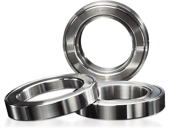 Three silver custom centrifugal seals from Centritec Seals.