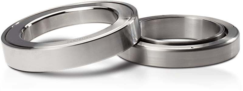 Two silver custom centrifugal non-contact seals from Centritec Seals.
